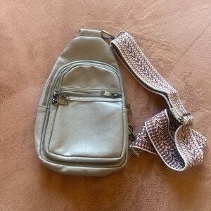 Light Grey Crossbody Sling Bag with Patterned Strap
